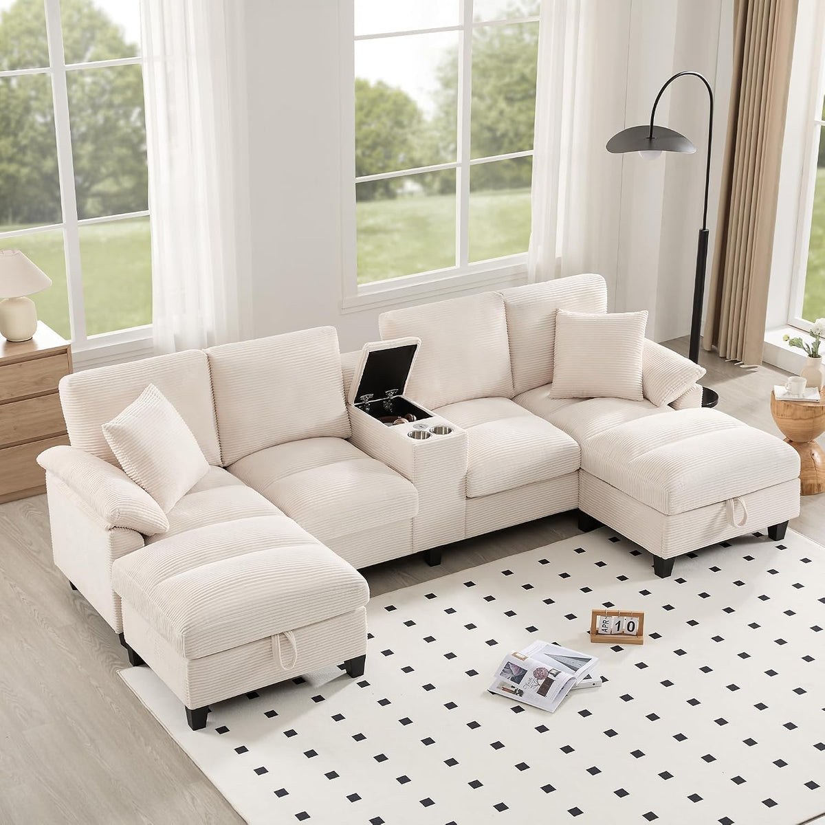 MOBETTRES Sofa, Beige, Geräumiges 4-Sitzer- in U-Form mit Stauraum, übergroßem Cordstoff und Kissen, geeignet für Wohnzimmer