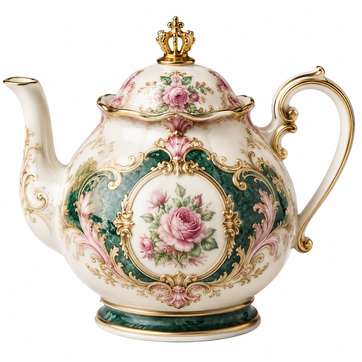 Barocke Porzellan-Teekanne mit Blumenmuster und Goldverzierungen, 1L