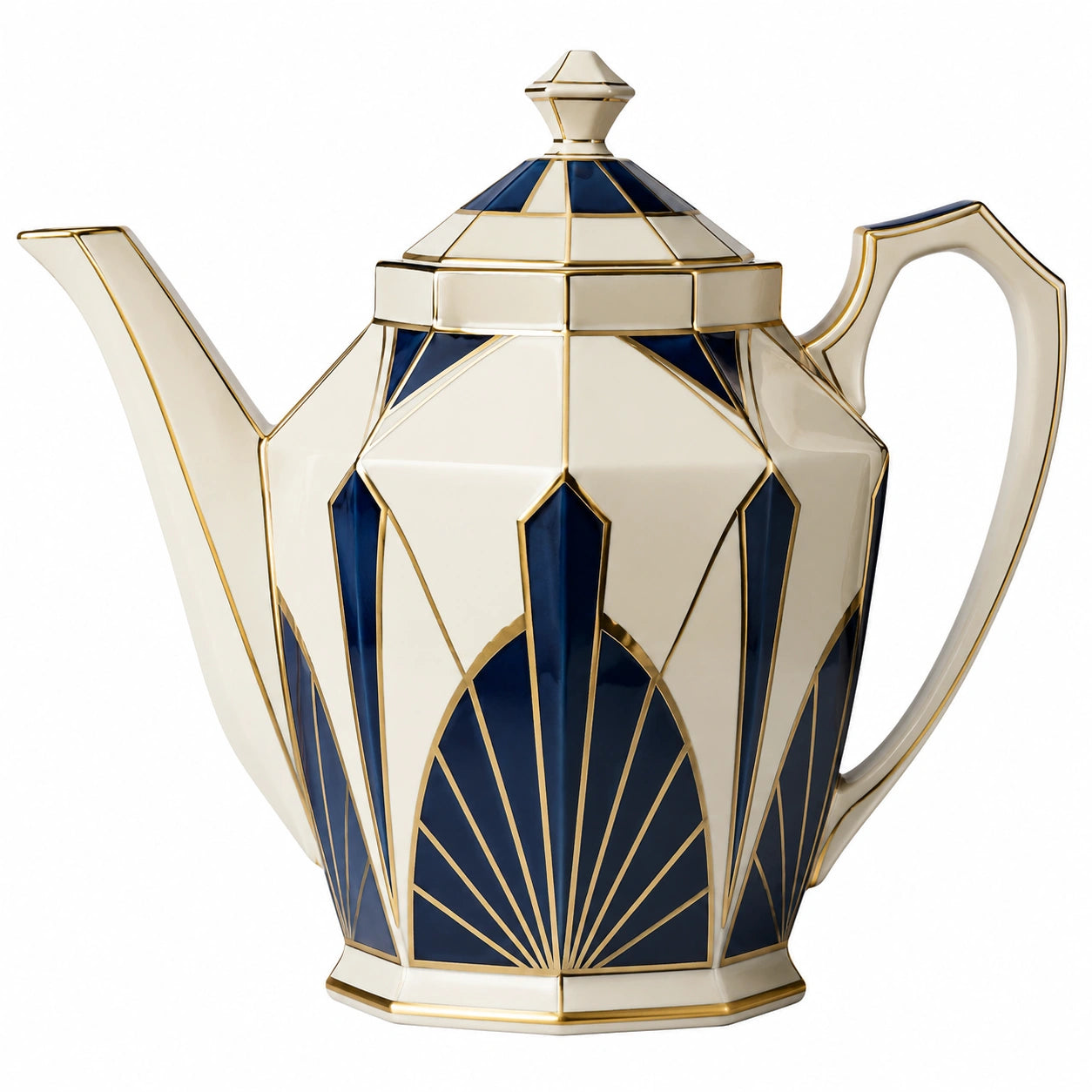 Art-Deco Teekanne Porzellan Blau Weiß Gold 1200ml