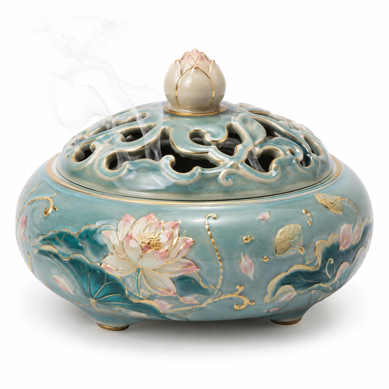 Räuchergefäß mit Lotusblütenmuster in Jadegrün und Rosa