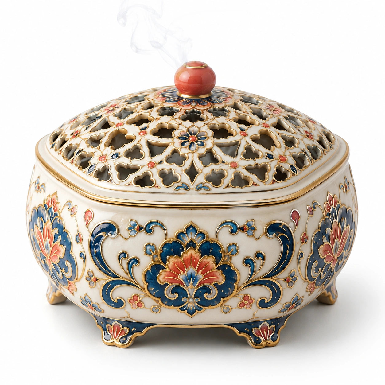 Orientalisches Keramik-Räuchergefäß Blau und Orange mit Blumendekor 20cm