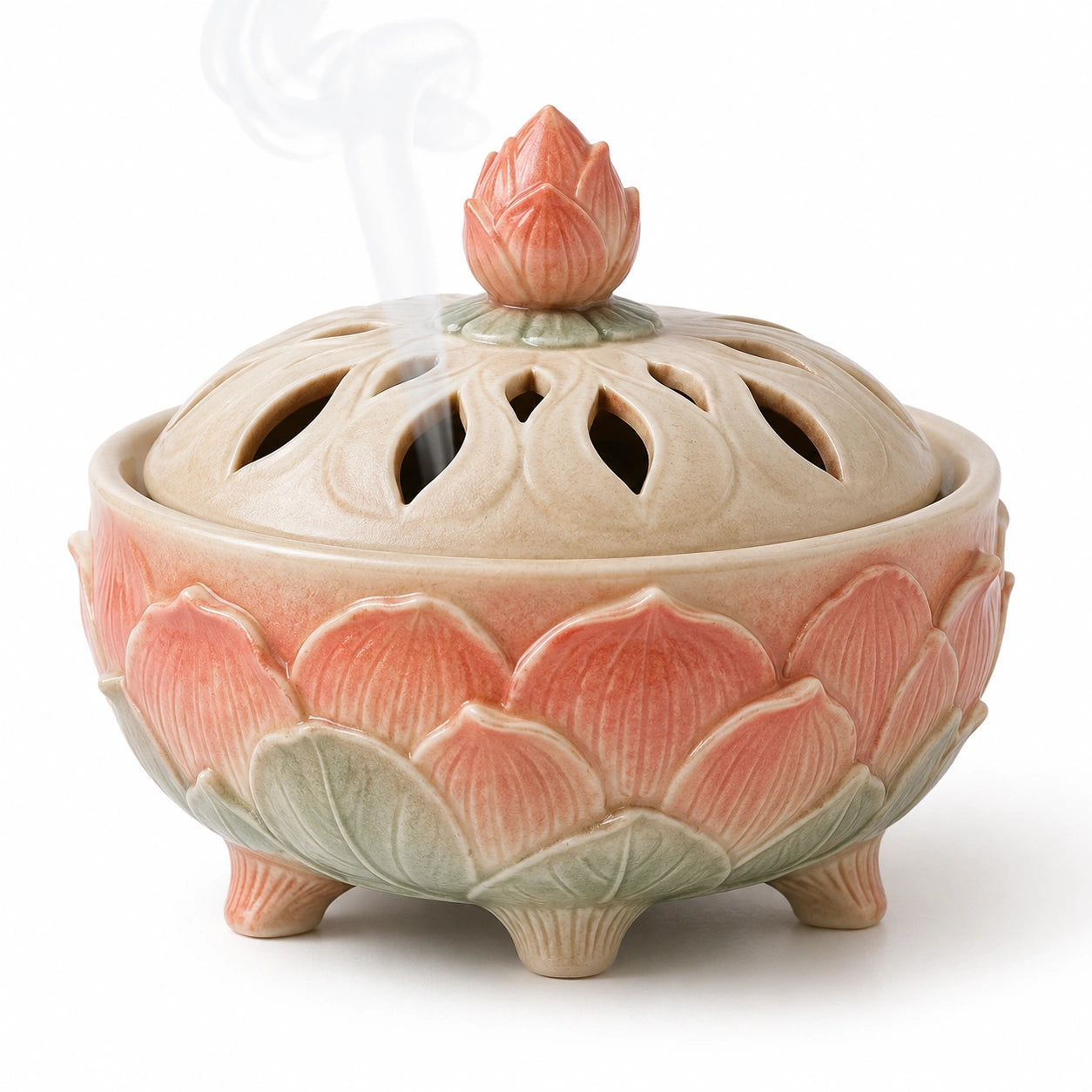 Dekoratives Lotus-Räuchergefäß aus Keramik, Beige/Rosa/Grün