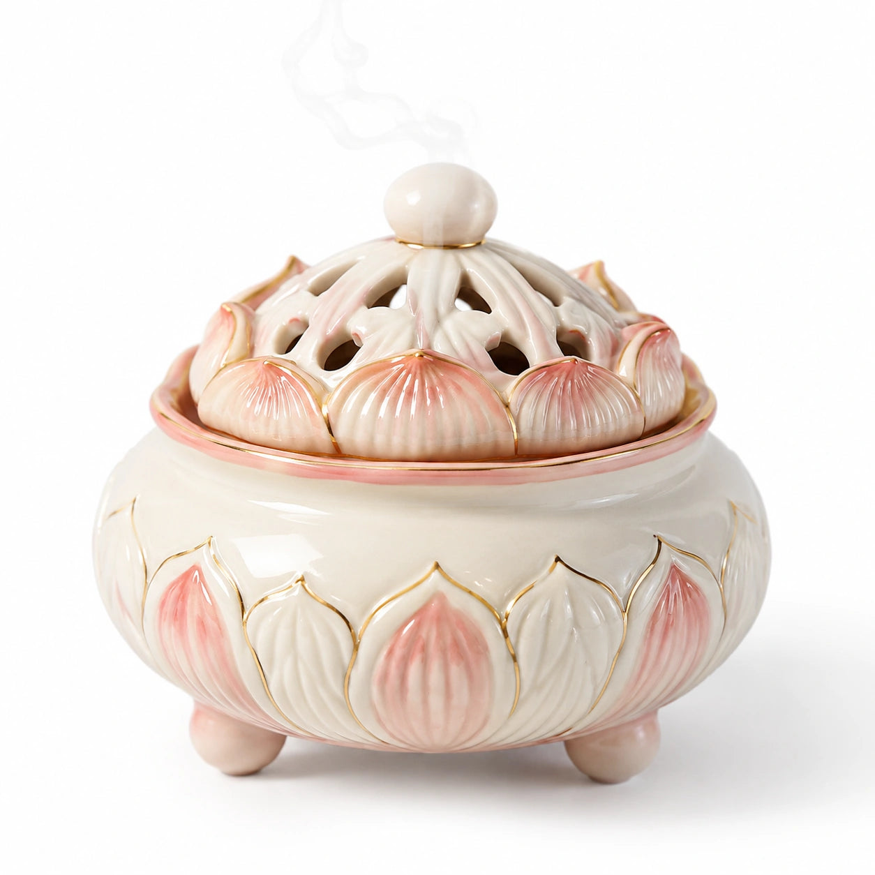 Keramik Räuchergefäß Lotusblume Design Creme/Rosa