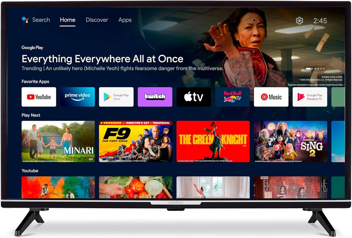MEDION Fernseher, 32 Zoll, 80 cm, Schwarz, Smart TV, P13242 (MD 30042) 1080p Full HD (Android TV, Smart TV