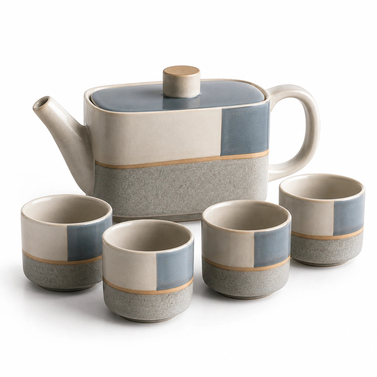 Modernes Keramik-Teeservice Set mit Kanne und 4 Tassen, Blau-Grau