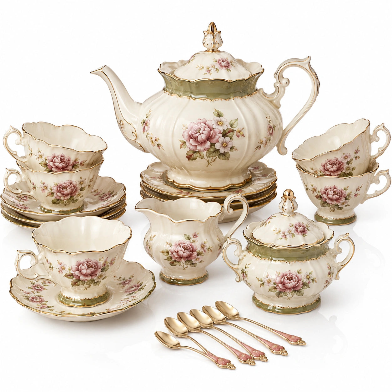 Vintage Porzellan Teeservice Set mit Blumenmuster in Cremefarben und Grün