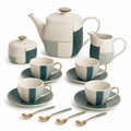 Keramisches Teeservice Set in Weiß, Blau und Gold mit Geometrischem Muster