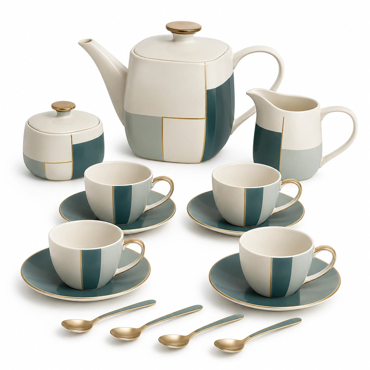 Keramisches Teeservice Set in Weiß, Blau und Gold mit Geometrischem Muster