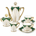 Art Deco Porzellan Teeservice Set 7-teilig Grün/Weiß/Gold