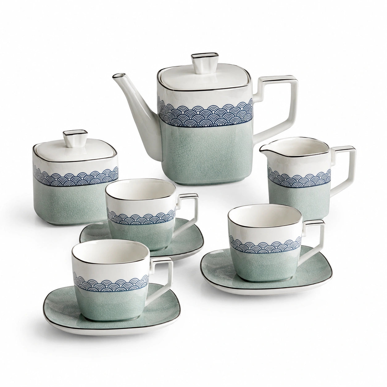 9-teiliges Teeservice-Set mit Wellenmuster, Weiß/Blau