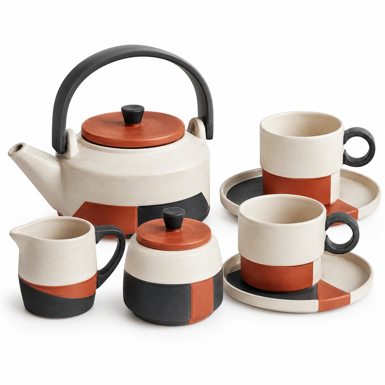 Keramik Teeservice Set mit Teekanne, Tassen und Untertassen in Beige, Terrakotta, Schwarz