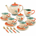 Retro Teeservice Set Keramik 15-teilig Abstraktes Muster Orange/Grün