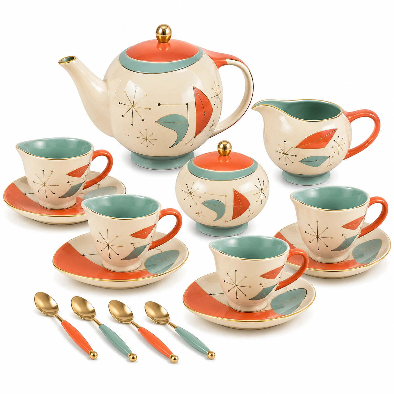 Retro Teeservice Set Keramik 15-teilig Abstraktes Muster Orange/Grün