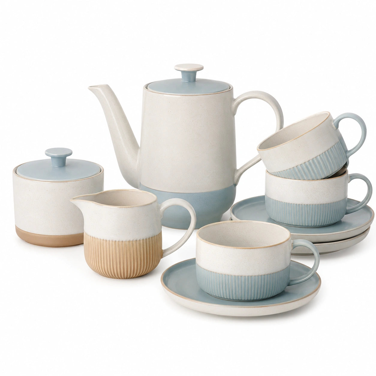 Elegantes Keramik-Teeservice-Set in Creme und Hellblau