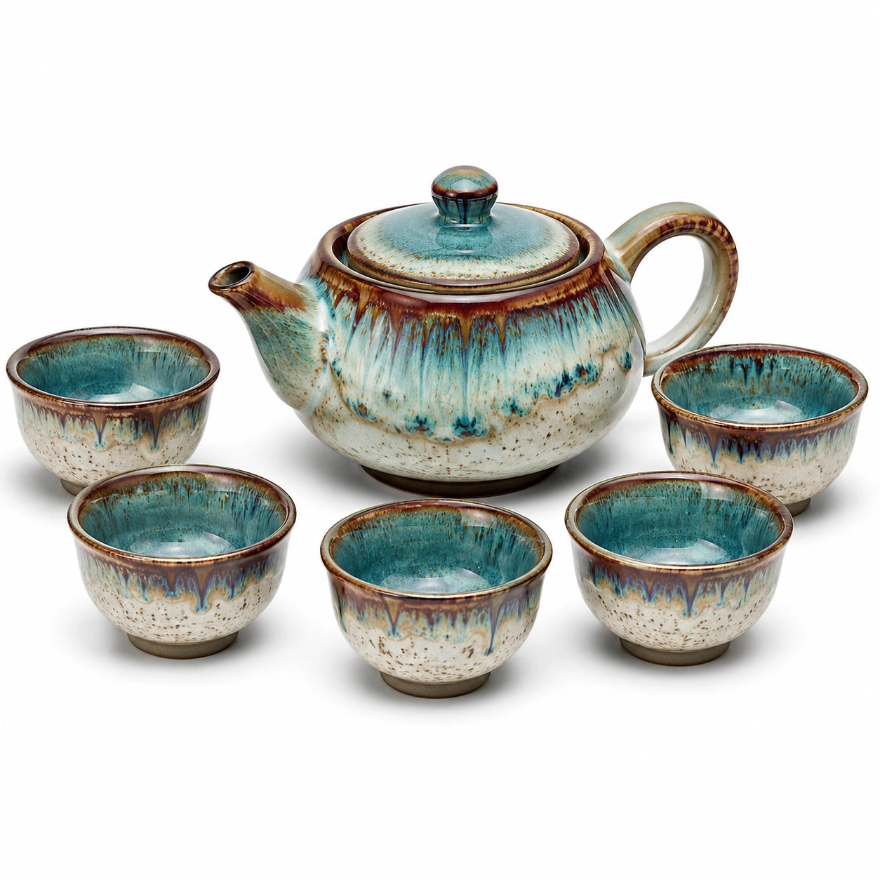 Keramik Tee-Set mit Teekanne und 5 Tassen grün-blau
