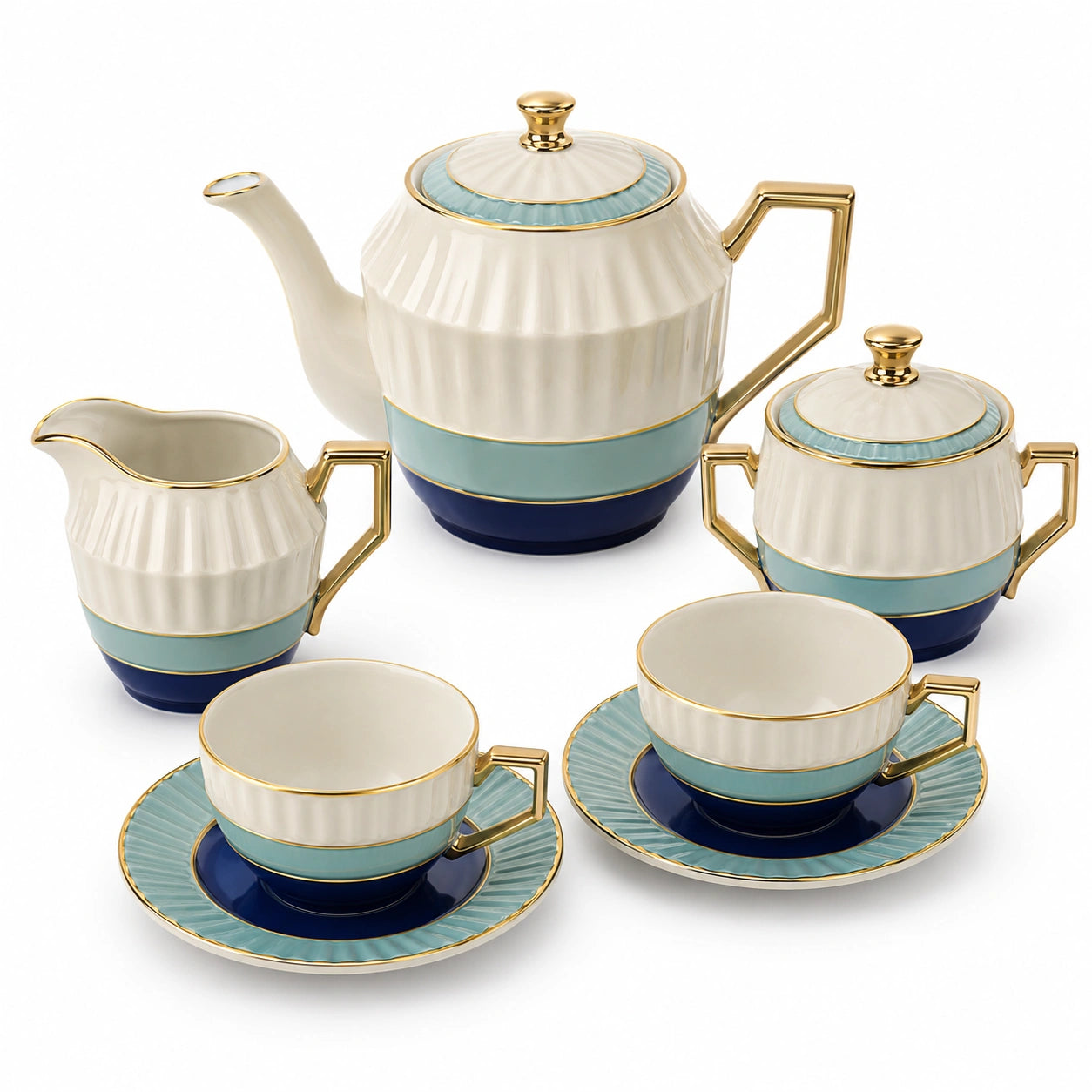 Teeservice Porzellan mit Goldrand, Creme/Blau/Grün