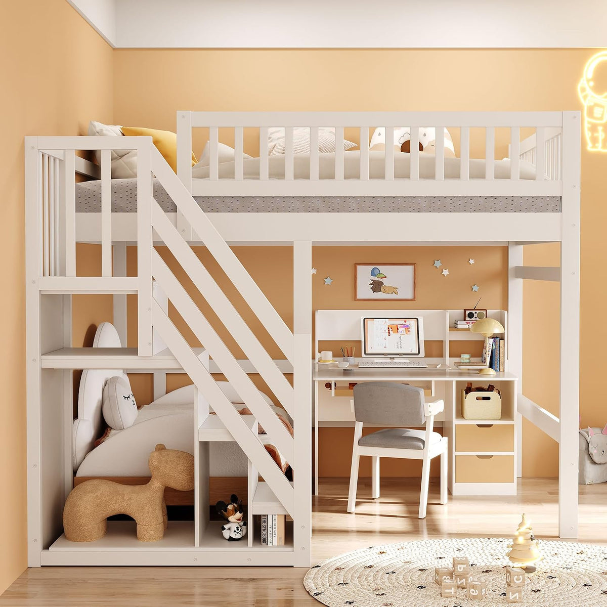 Jovify Bett, 140x200 cm, Weiß, Kinder Etagen, Hoch mit Treppe und Stauschrank, Multifunktions Doppel Stock Spiel Kinderhoch Jugendhoch