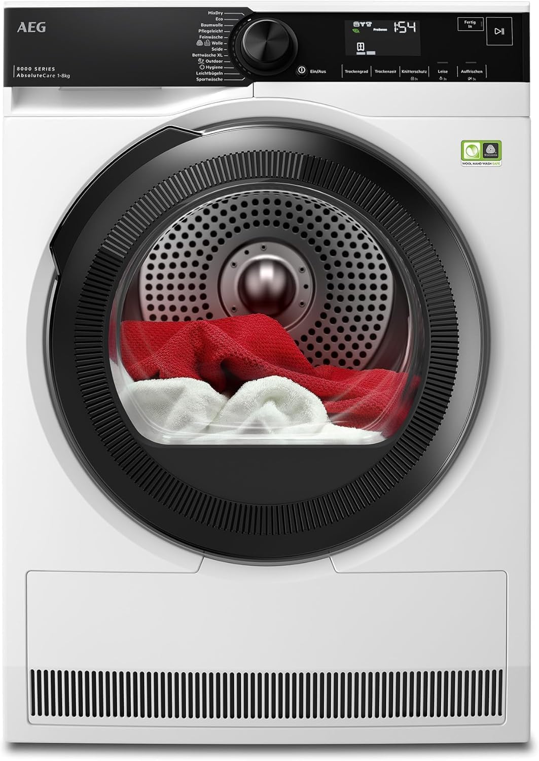 AEG Wärmepumpentrockner, 8 kg, Schwarz, Testsieger der Stiftung Warentest 2025, neue Energiekl. B, Serie 8000 AbsoluteCare Wolle- & Seidetrocknung
