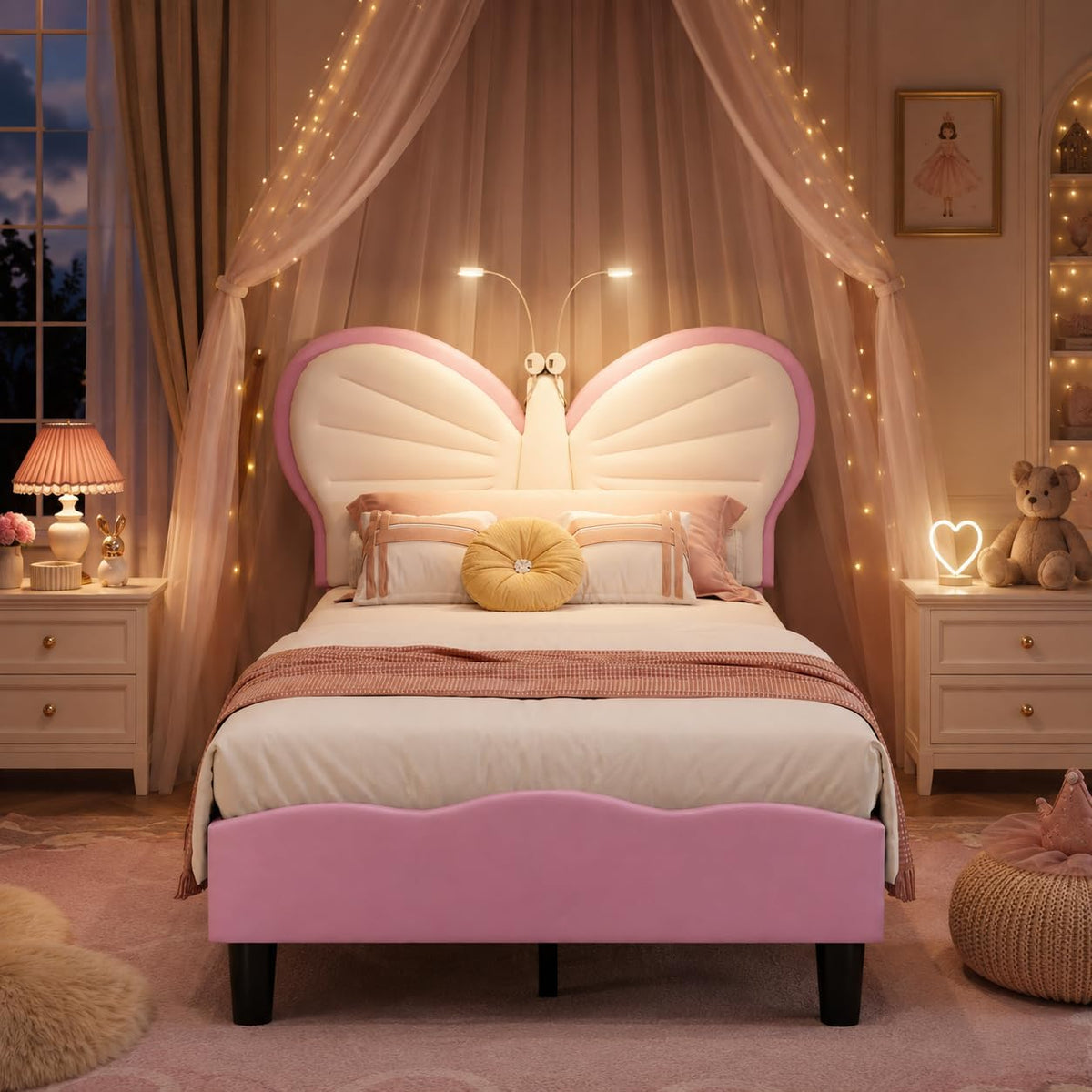SAOOZBE Bett, 90x200 cm, Rosa, Kinder Polster, Prinzessinnen mit Led und Verstellbares Kopfteil