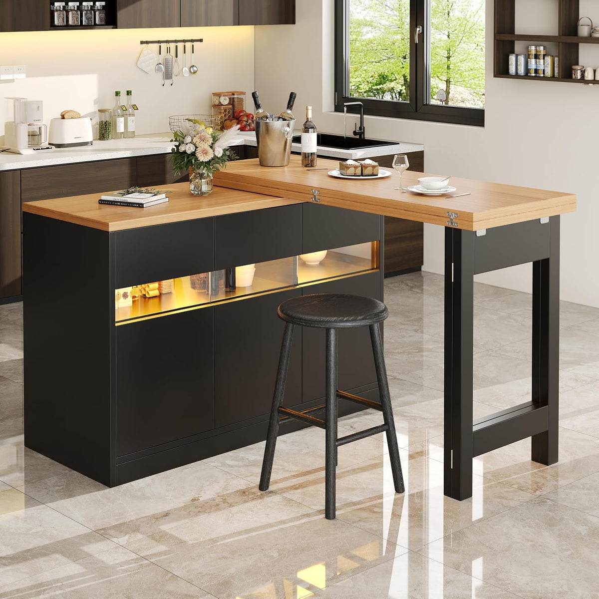 Kebnor Sideboard, 180 cm, Weiß, Ausziehbarer Bartisch mit LED-Beleuchtung und 360°, Höhenverstellbar 120-, Moderner Kücheninsel Tisch mit Stauraum