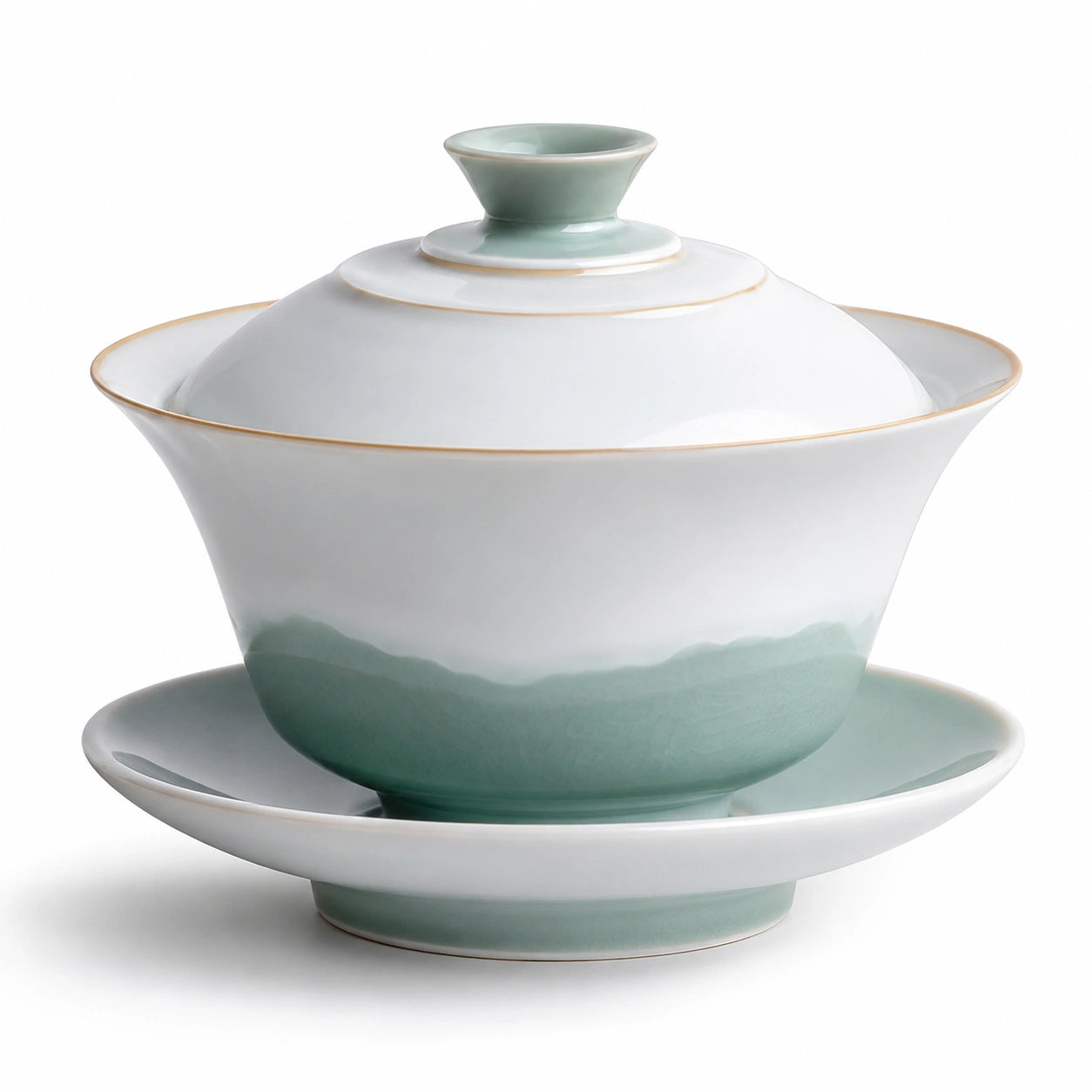 Elegante Porzellan Gaiwan Teeschale mit Deckel und Untertasse Grün/Weiß