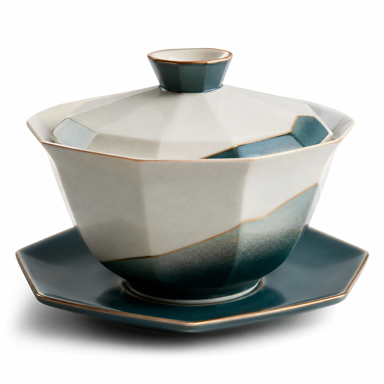 Geometrisches Keramik Teeset mit Deckel und Untertasse Grün/Weiß