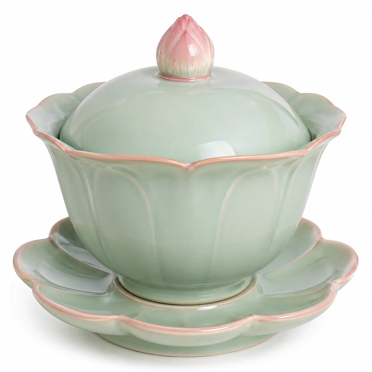 Lotus Teetasse mit Deckel und Untertasse - Grün/Rosa