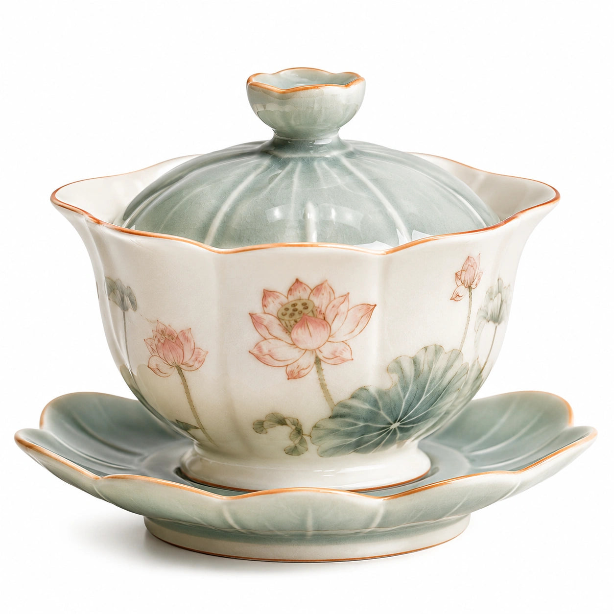 Teetasse mit Deckel und Untertasse im Lotusblumen-Design, grün/weiß