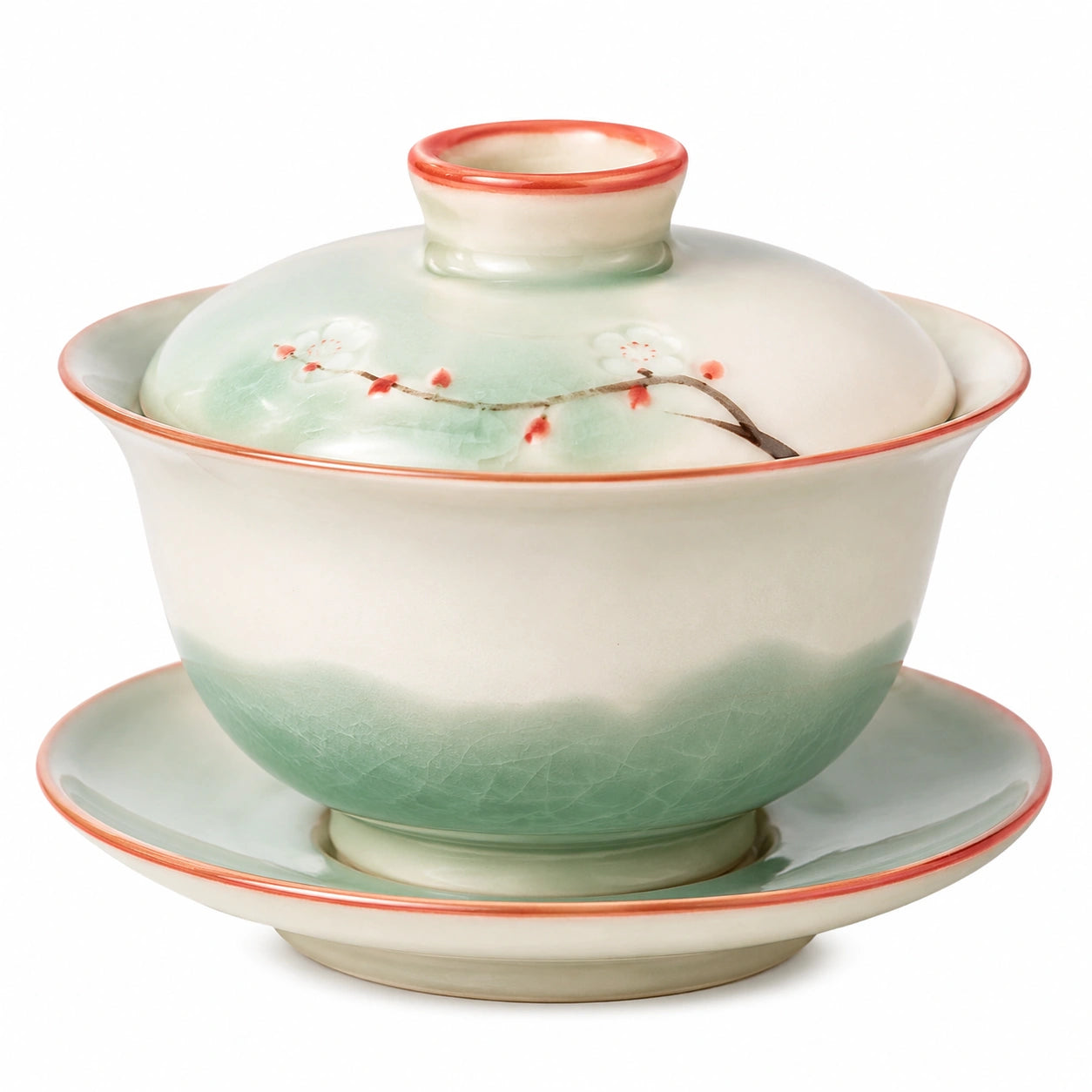 Traditionelles Gaiwan Tee-Set Grün/Beige mit Blumenmotiv