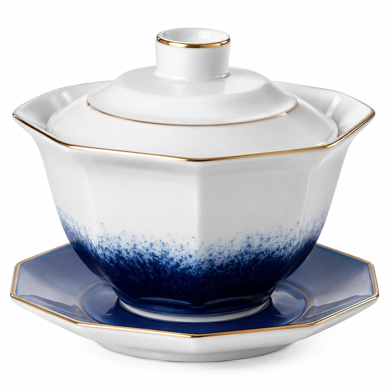 Eleganter Porzellan Gaiwan mit Goldrand und Untertasse, Blau-Weiß
