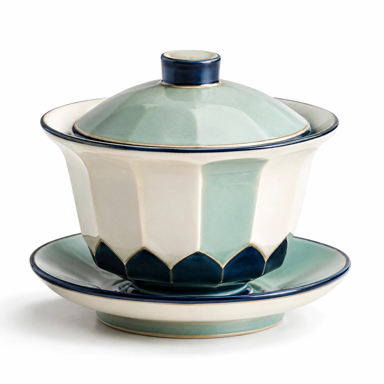 Keramik Gaiwan Teeschale mit Deckel und Untertasse in Hellgrün/Blau