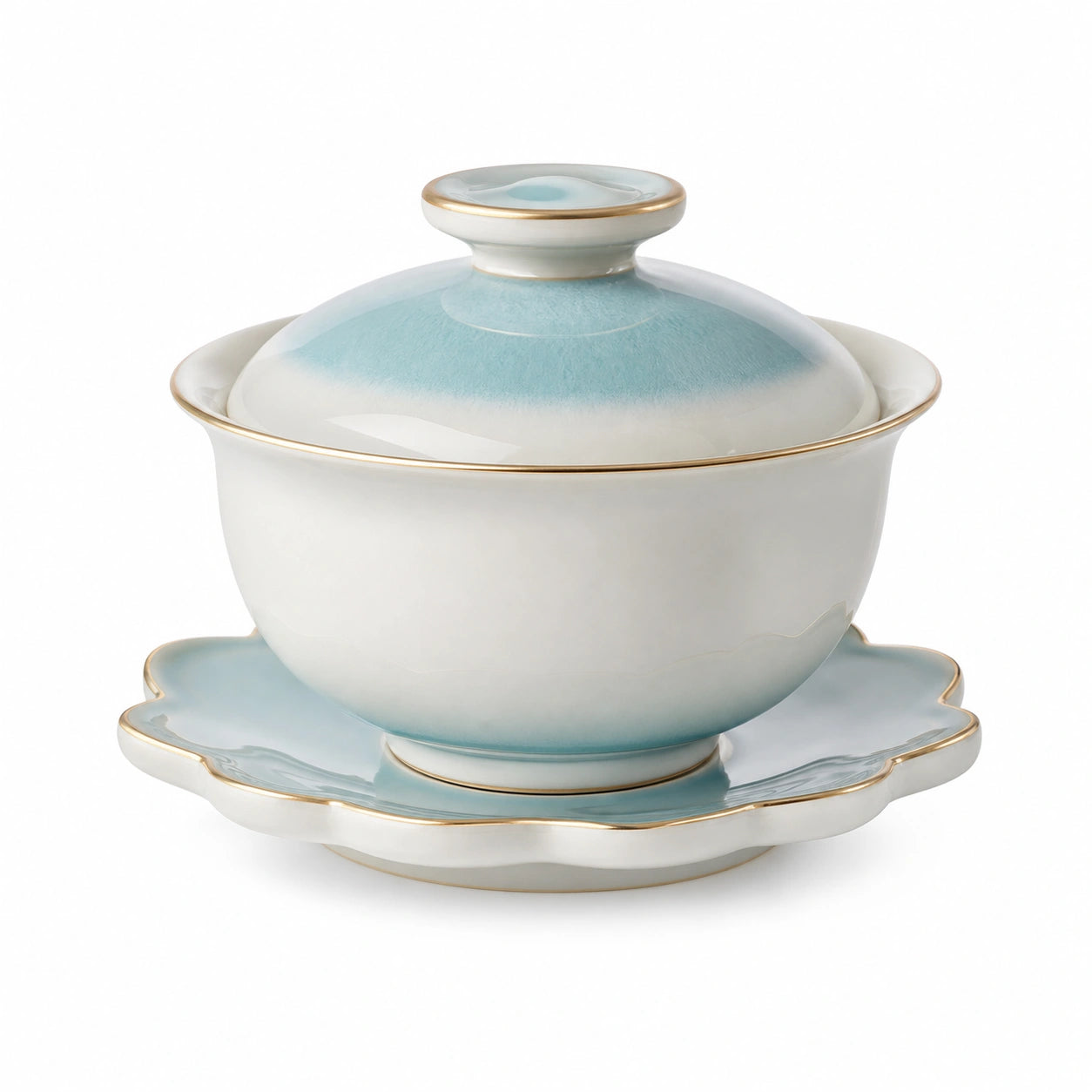 Porzellan-Teetasse mit Deckel und Untertasse Blau-Weiß