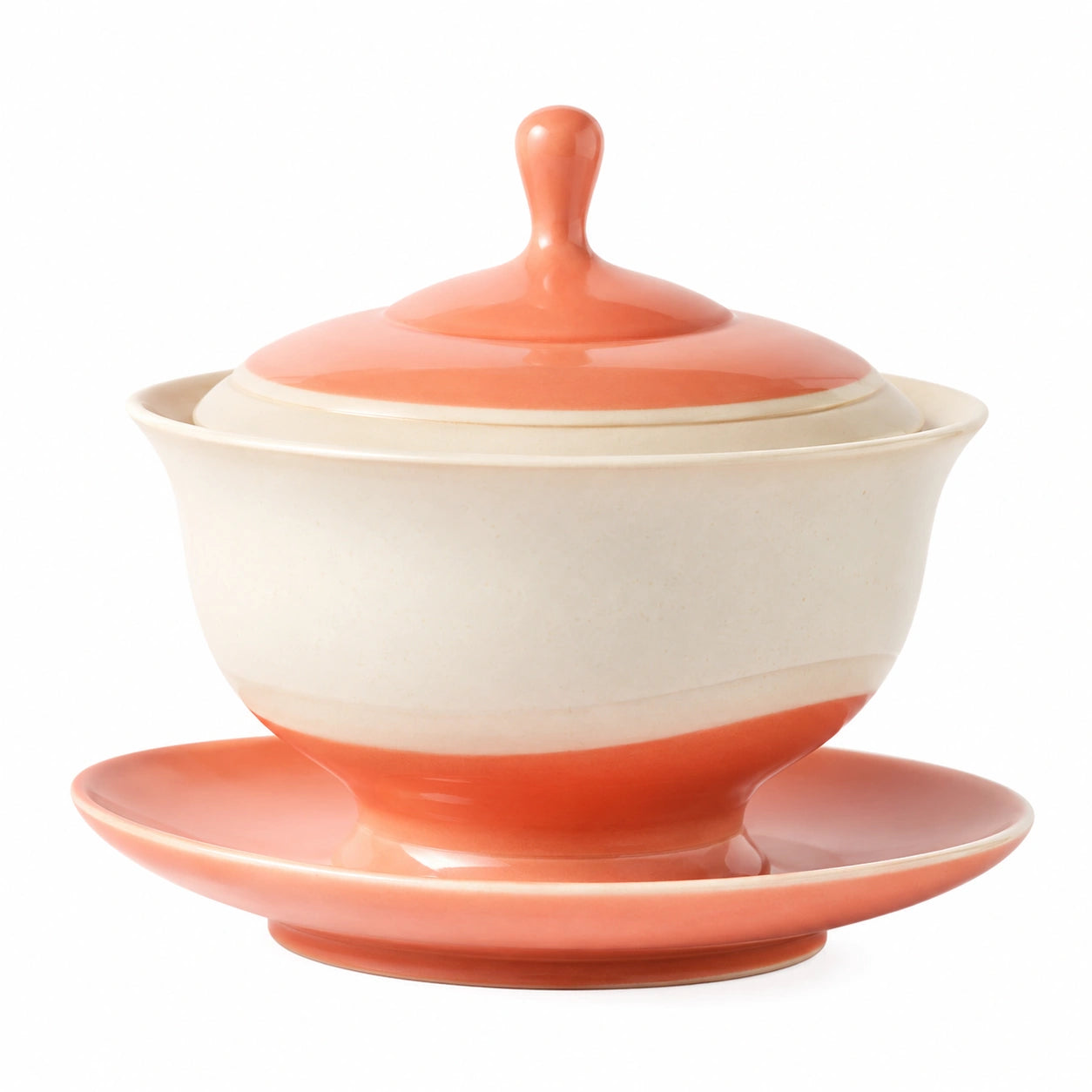 Teetasse mit Untertasse und Deckel in Orange und Weiß