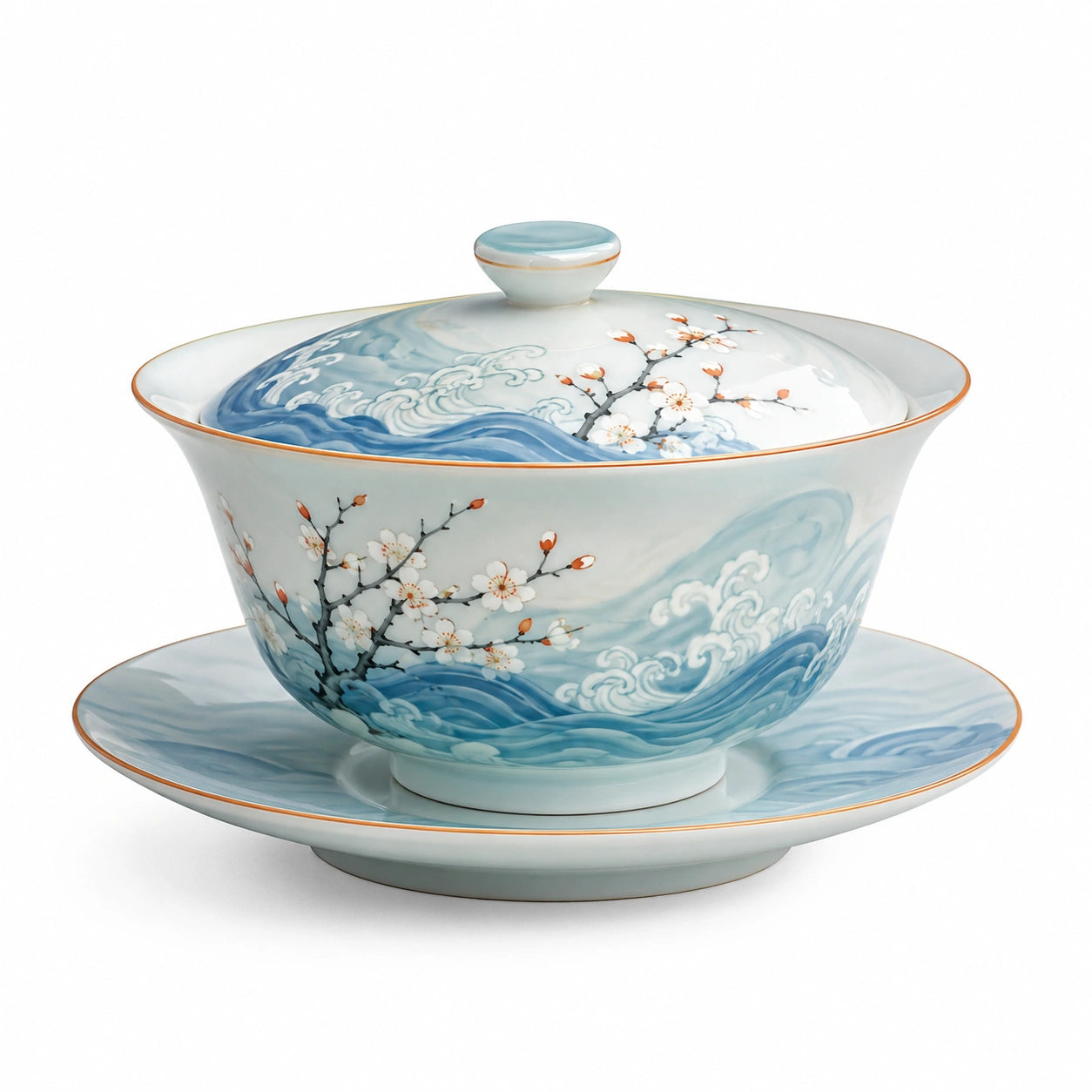 Traditionelle Teeschale mit Kirschblütenmuster, Blau/Weiß