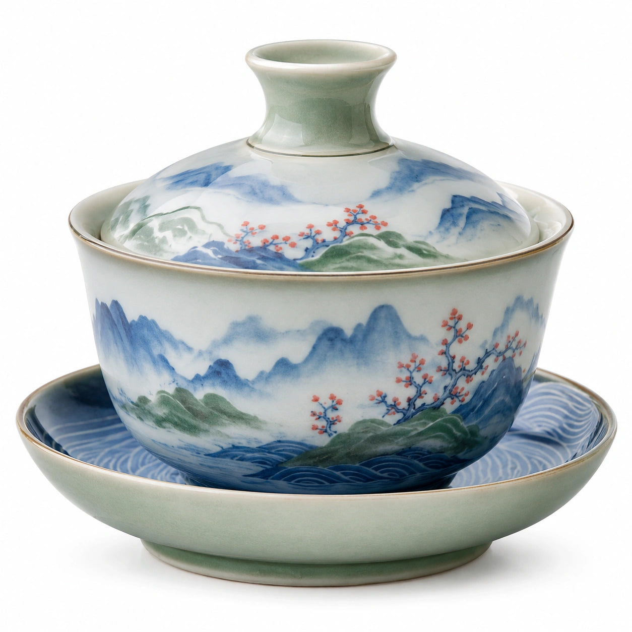 Traditioneller Gaiwan mit handbemaltem Berglandschaftsmotiv