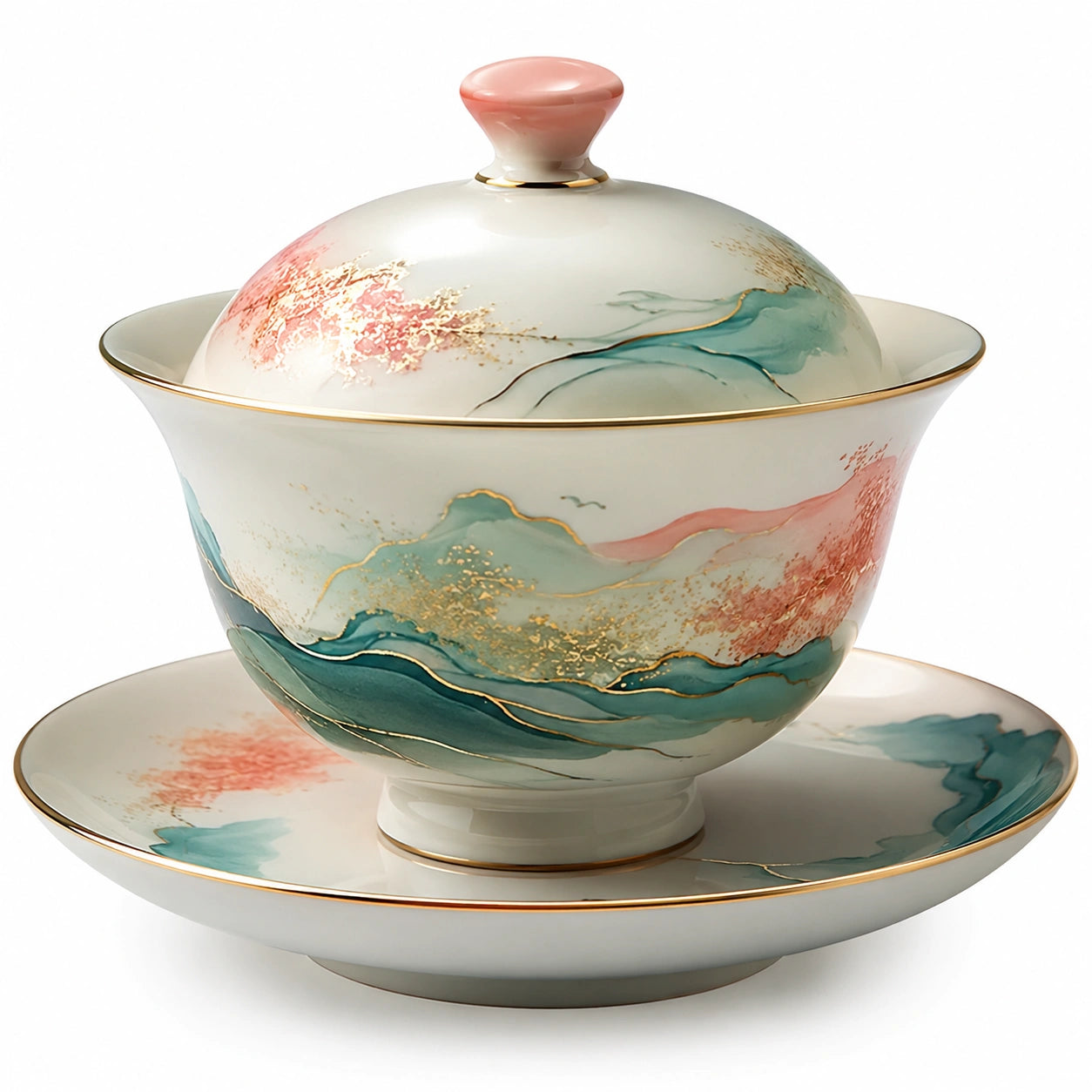 Handbemalte Gaiwan Teeschale aus Porzellan mit Deckel