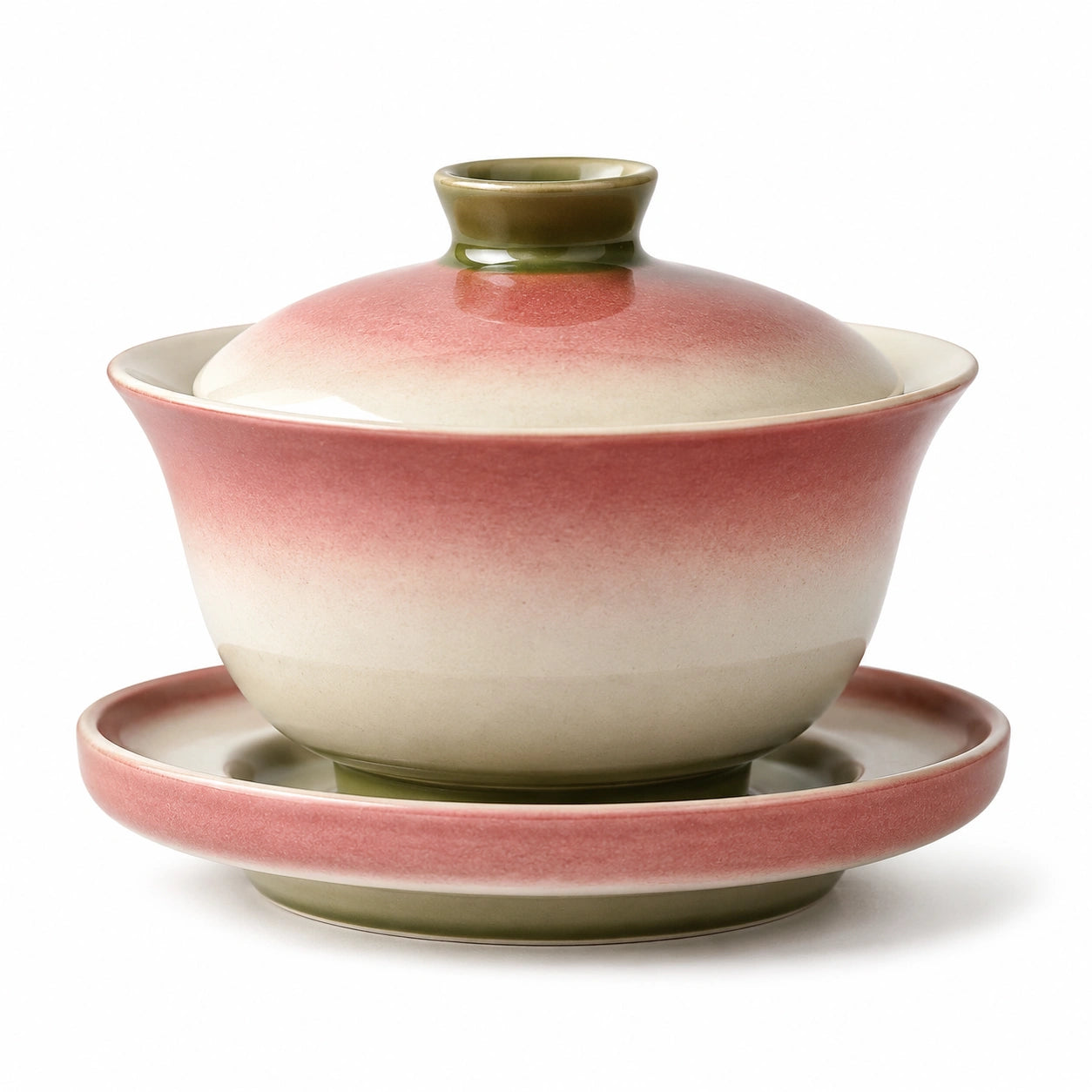 Elegantes Keramik Gaiwan Set in Rosa und Grün mit Unterteller