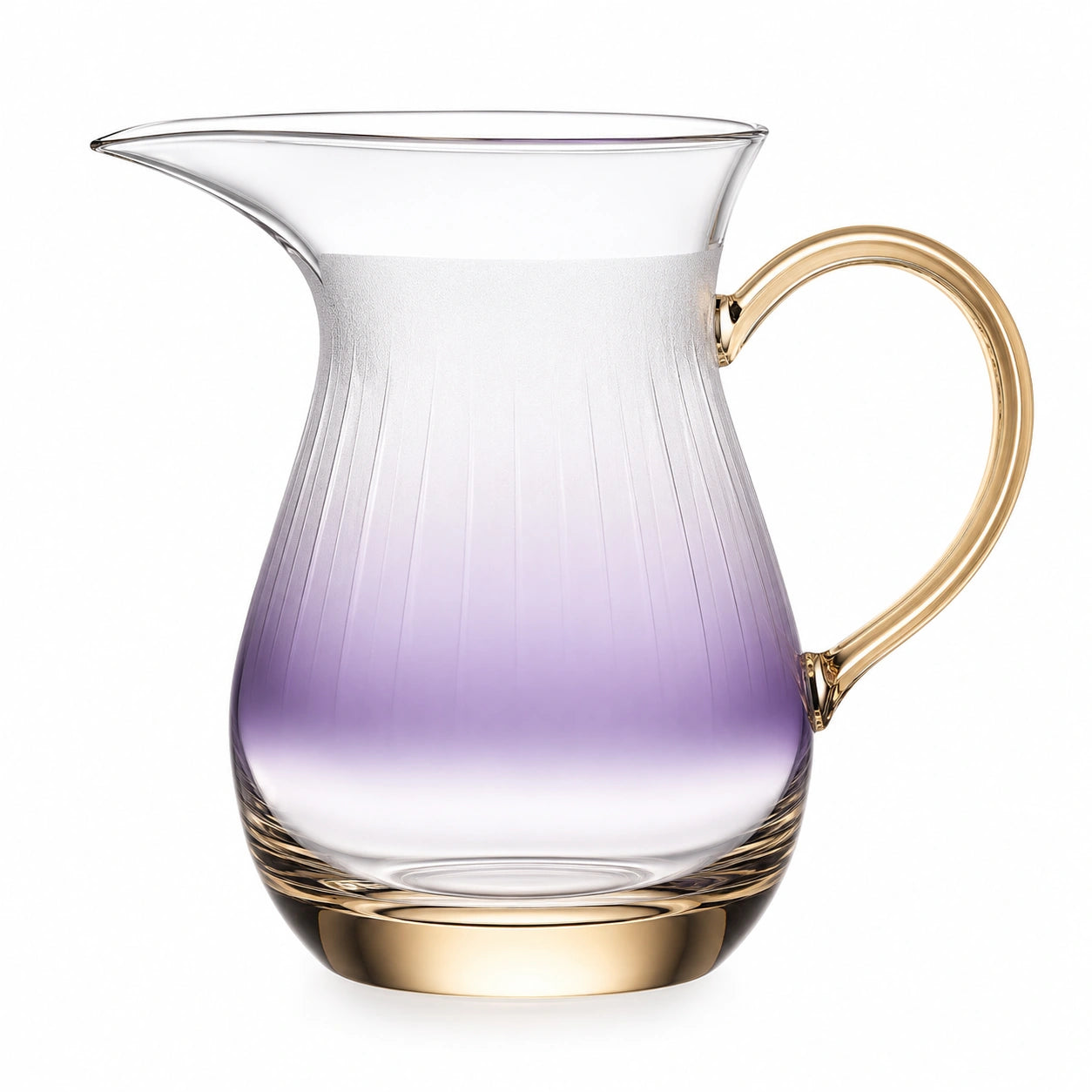 Eleganter Glaskrug mit Goldgriff und lila Farbverlauf