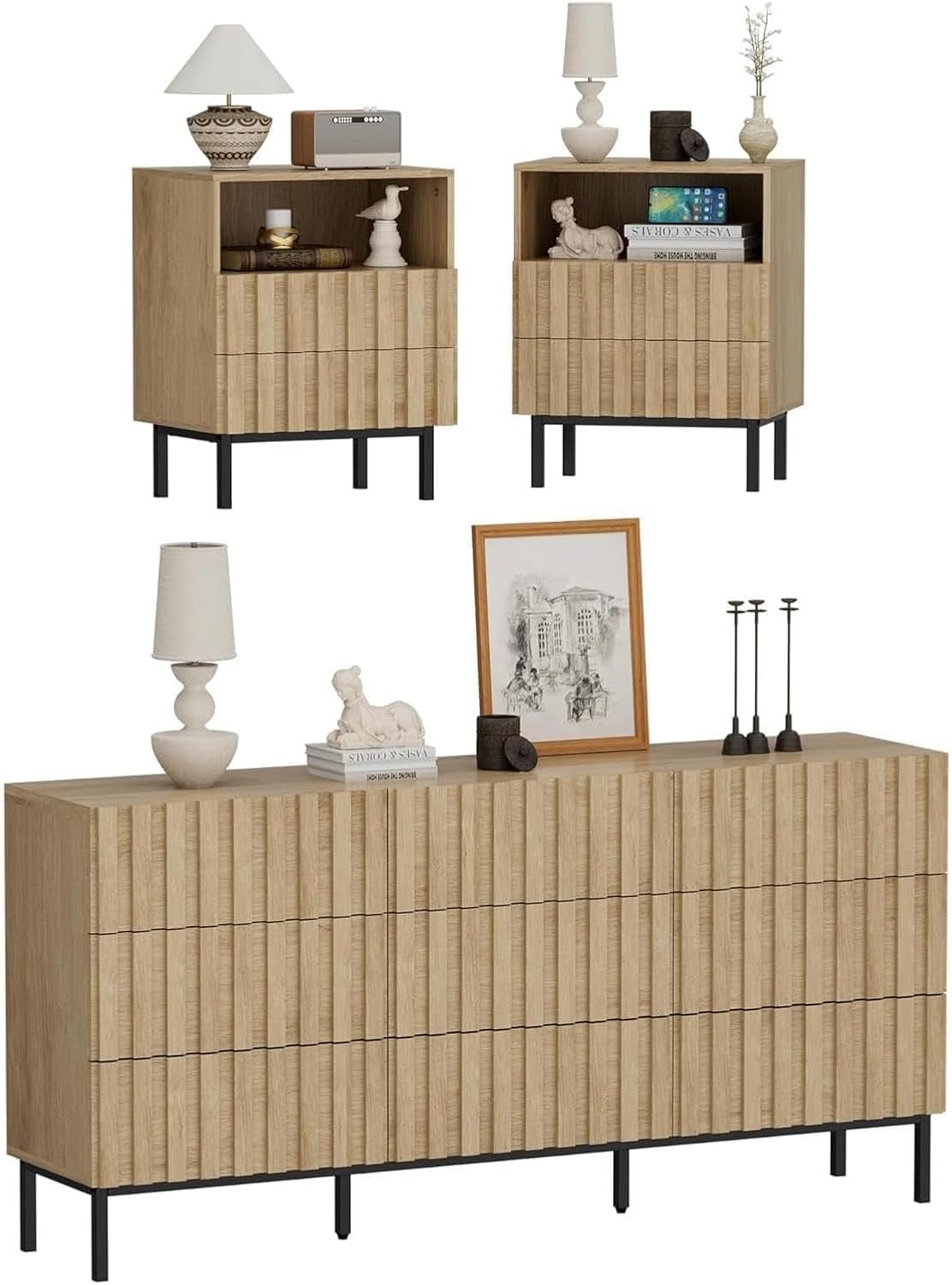 UEV Sideboard, Natur, Set mit 3 Schlafzimmermöbeln, 1 Kommode mit 9 Schubladen, 2 Nachttische, großer Stauraum