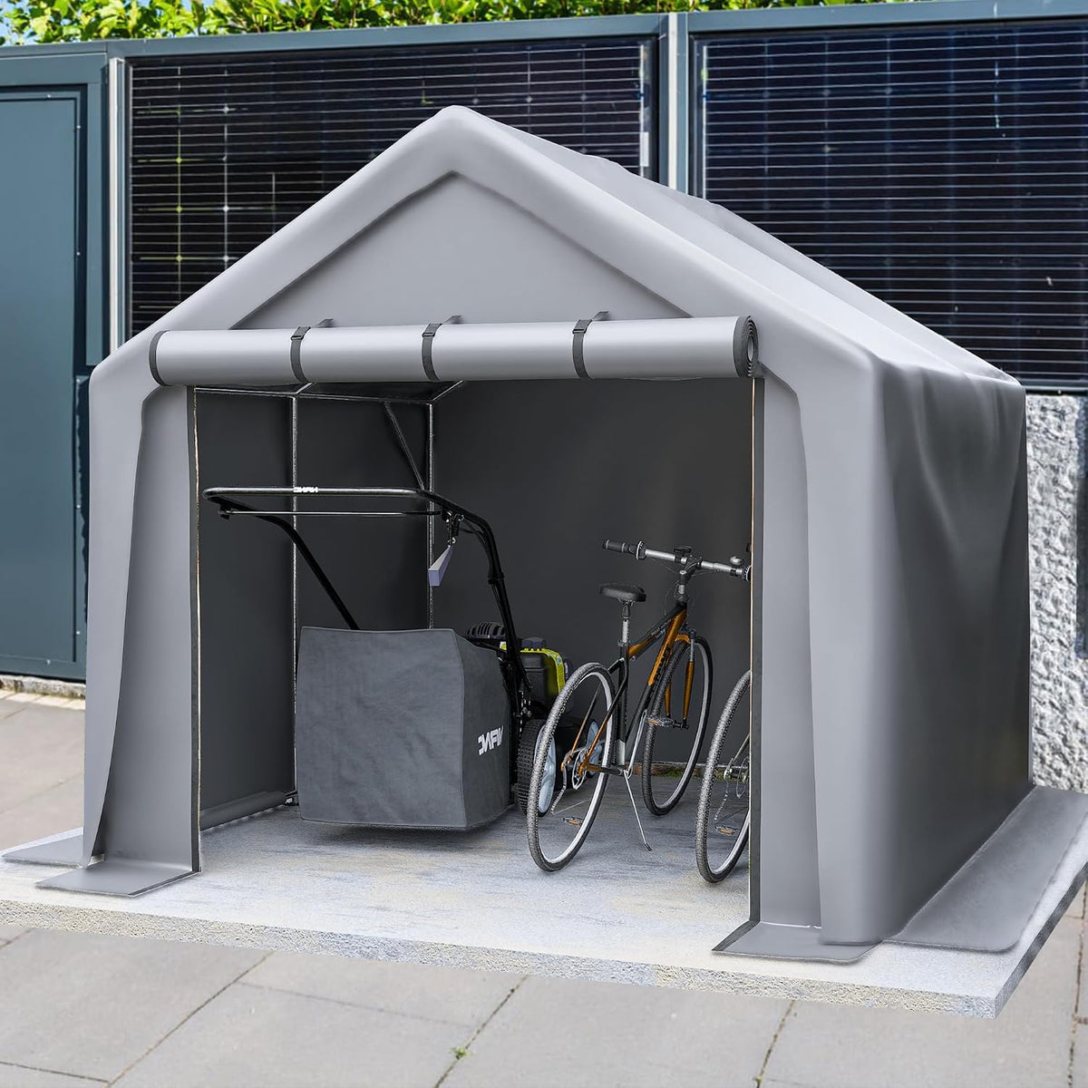 Gerätehaus kozamas, 244x241x217 cm, Grau, Fahrradgarage, Geräteschuppen XXL Gartenhaus wasserdicht, Fahrradschuppen Groß mit Stahlrahmen & Rolltor
