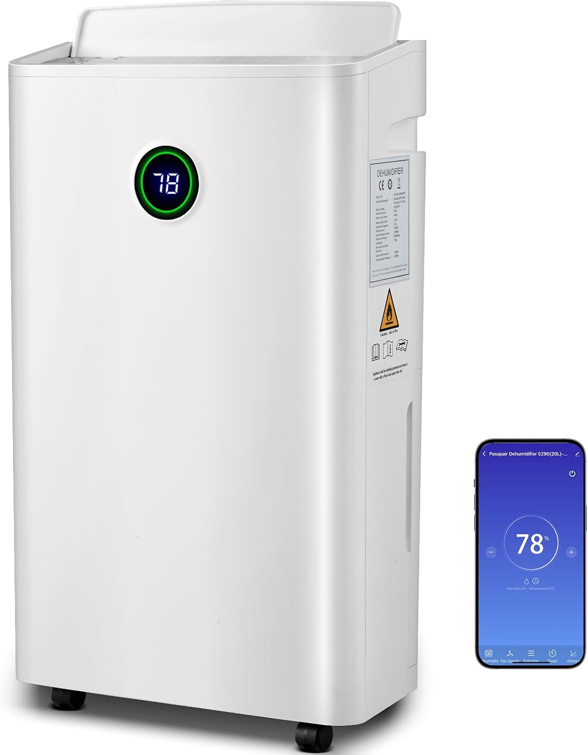 pasapair Luftentfeuchter, 195m, 30 m, 20 L, Weiß, in 24h Entfeuchtungsleistung, Automatischer Entfeuchter für Räume bis ³ (~ ²) mit 3