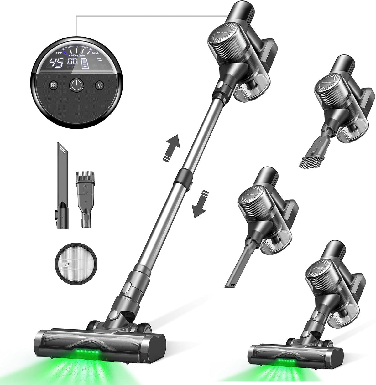 Ultenic Staubsauger, Schwarz/Silber, U12 Vesla Akku 45000Pa, Tech Green Eye, Verbesserte Anti-Tangle-Bürste, Kabellos mit Automatikmodus