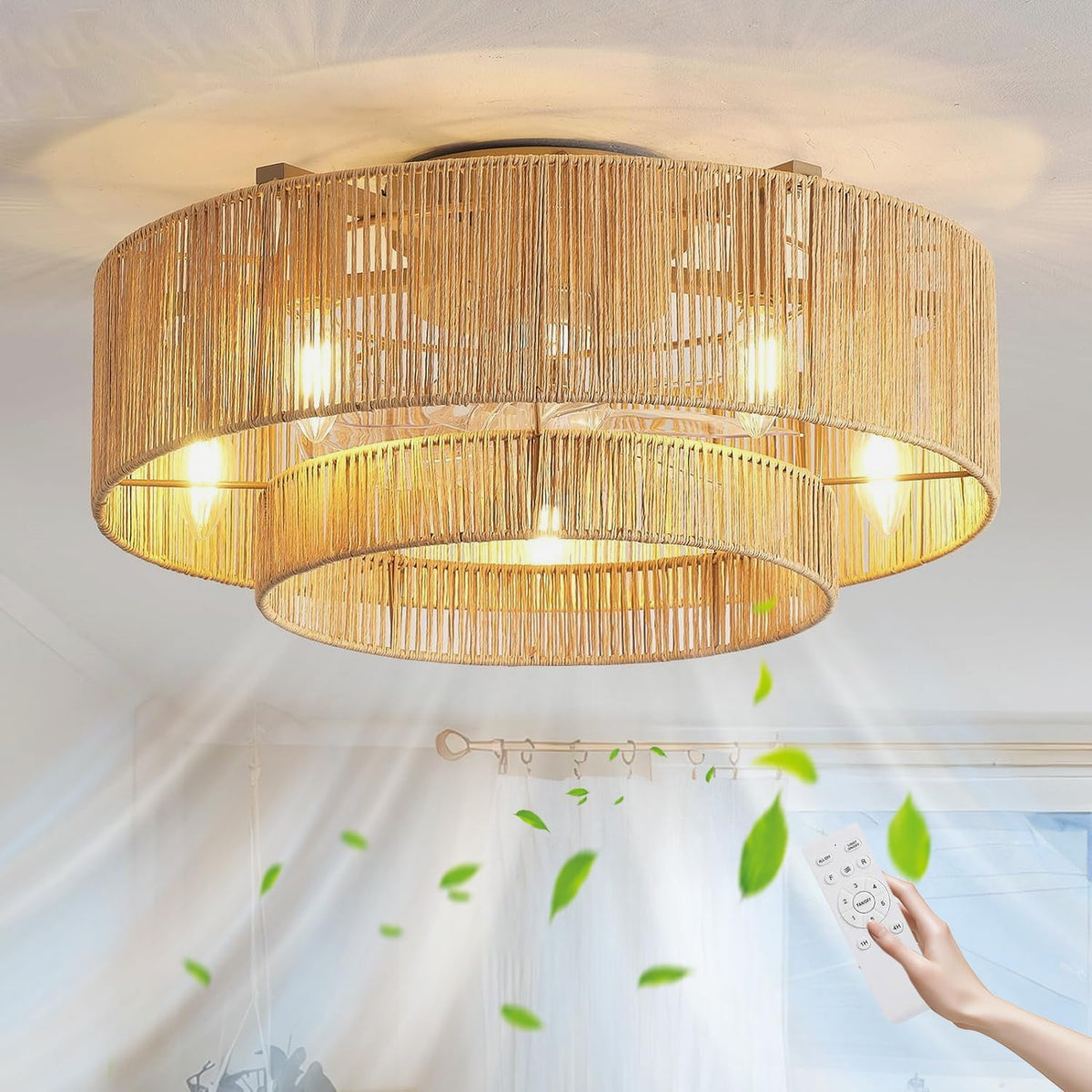 KZT Deckenventilator, 50 cm, Metall+Natürliche Rattan, Beige, Rattan mit Beleuchtung und Fernbedienung E27 Deckenleuchte