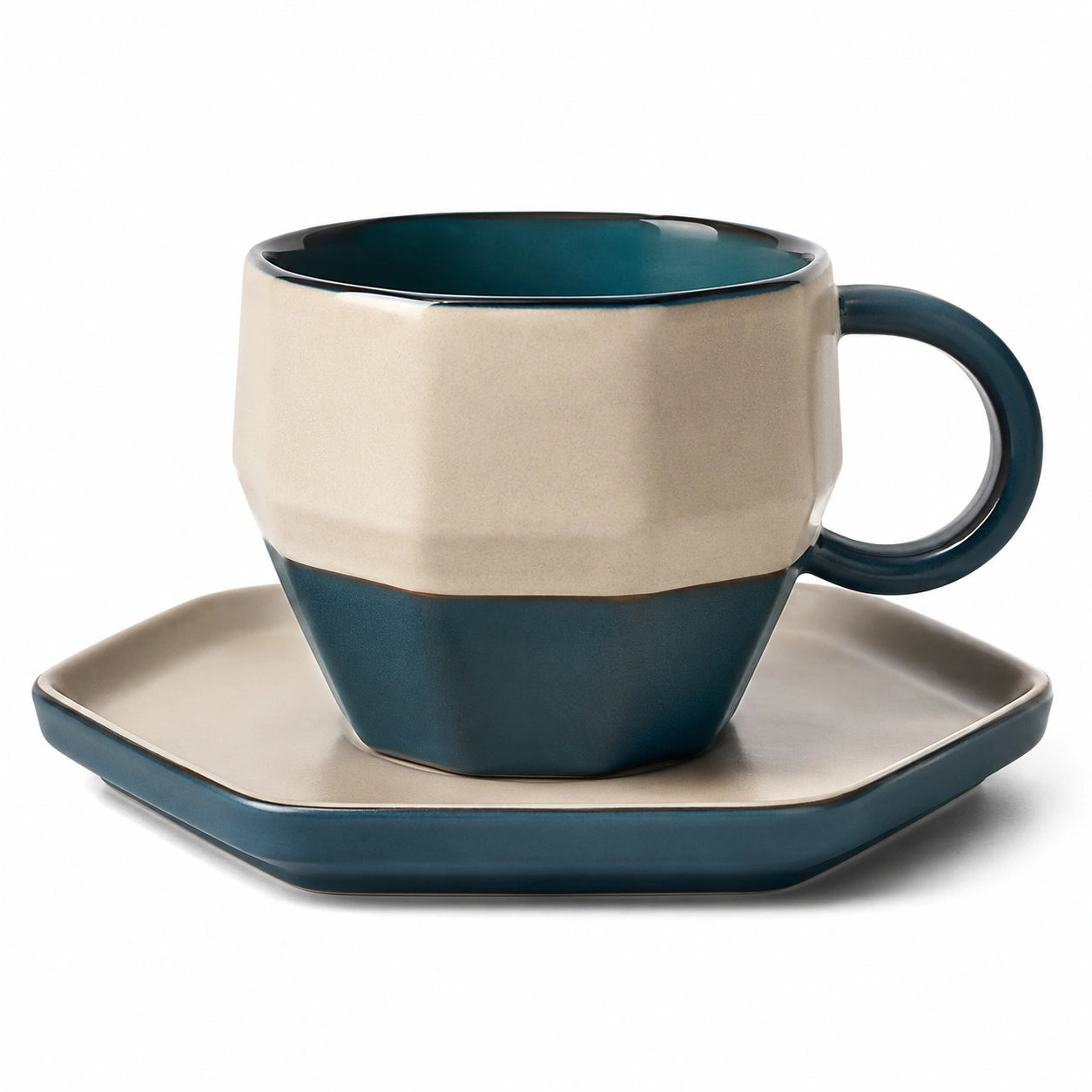 Geometrische Kaffeetasse mit Untertasse Beige/Blau - 250ml