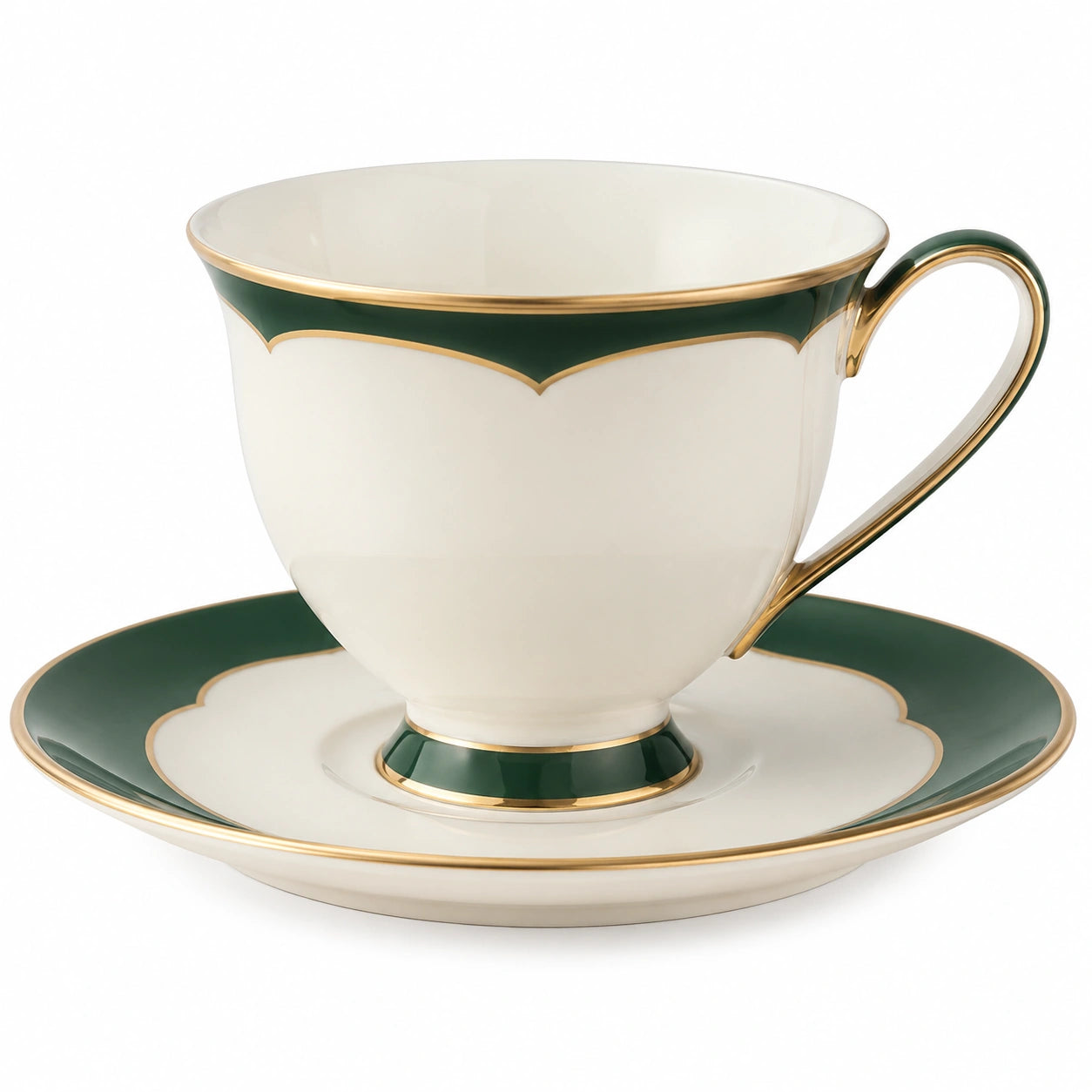 Elegante Teetasse mit Untertasse 250ml Grün/Elfenbein mit Goldrand