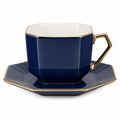 Achteckige Blaue Tasse mit Goldrand und Untertasse