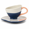 Keramikbecher mit Untertasse Blau/Weiß/Orange, 200 ml