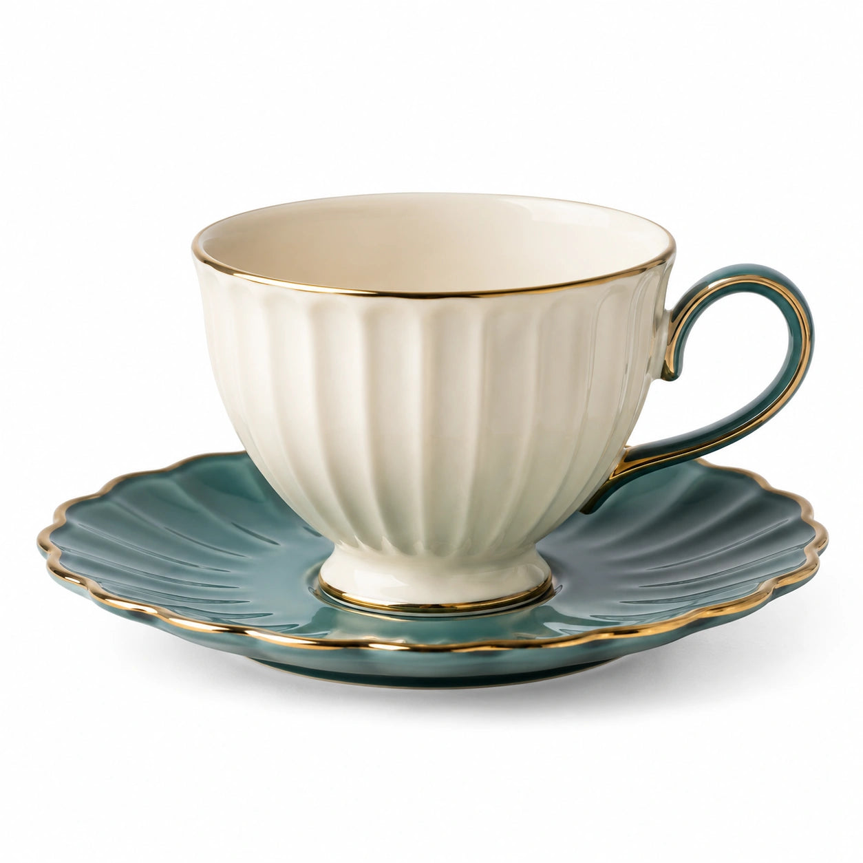 Elegante Teetasse mit Untertasse in Creme/Grün, 200ml