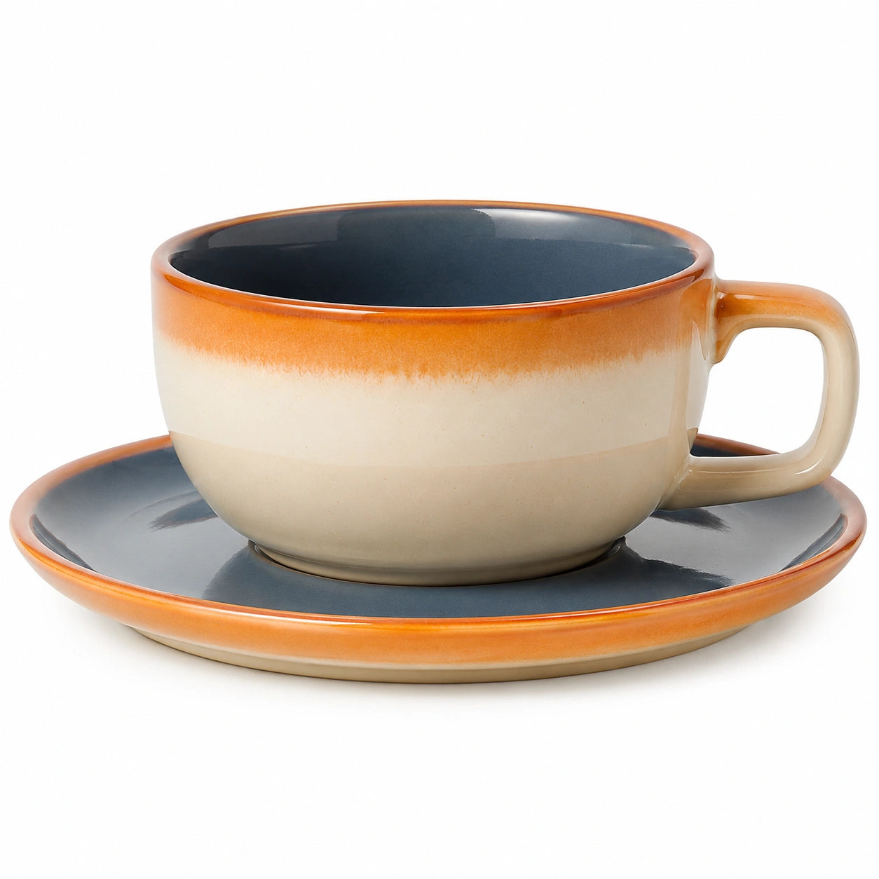 Keramiktasse mit Untertasse Blau, Orange und Beige 300ml