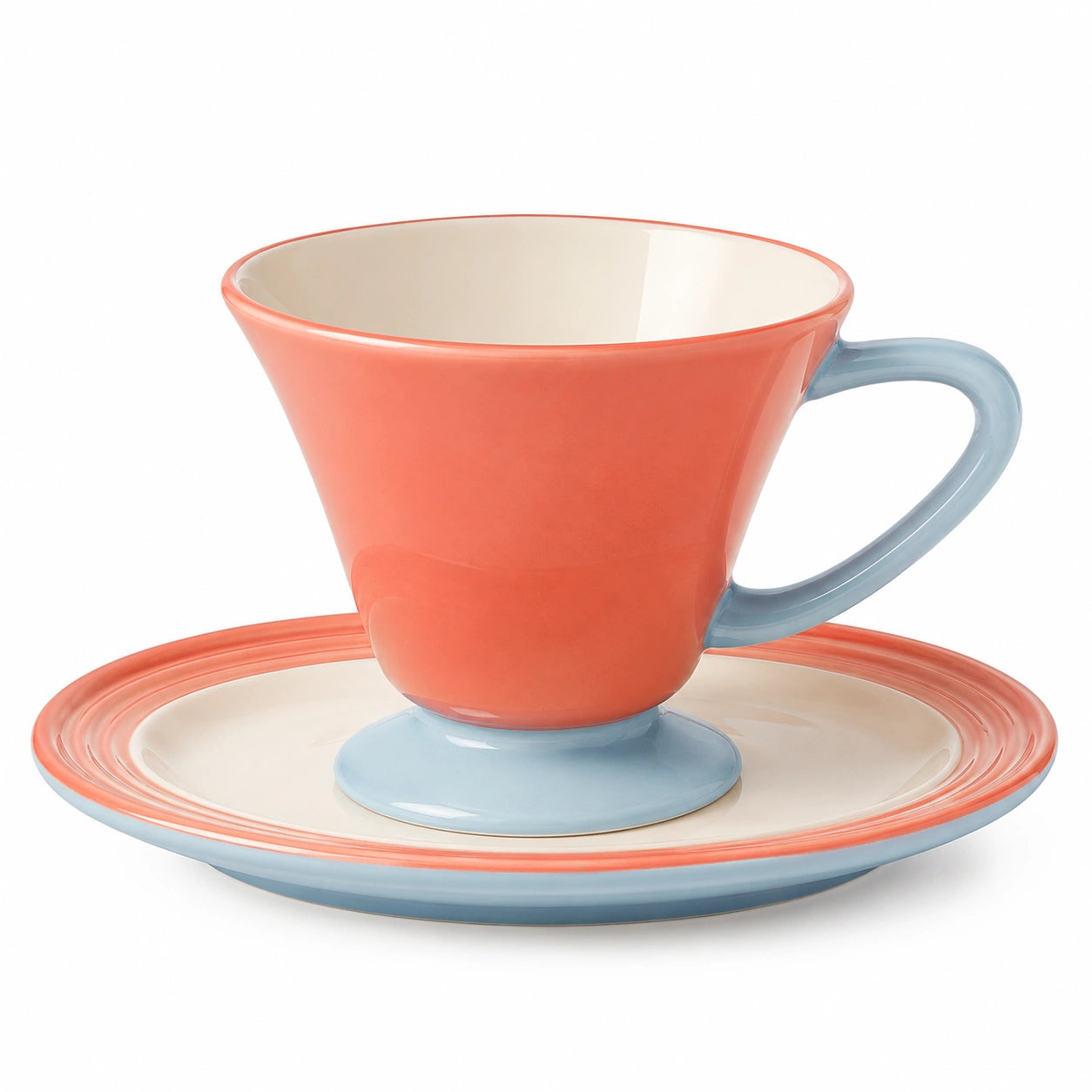 Keramik-Tassen-Set in Koralle und Blau mit Untertasse